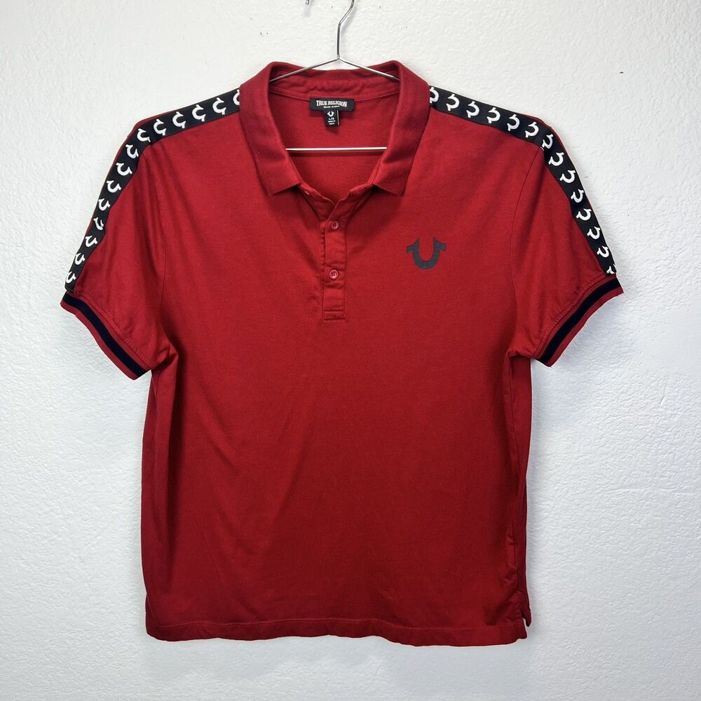True Religion Men Red Solid Short Sleeve Logo Collared Polo Shirt Size L